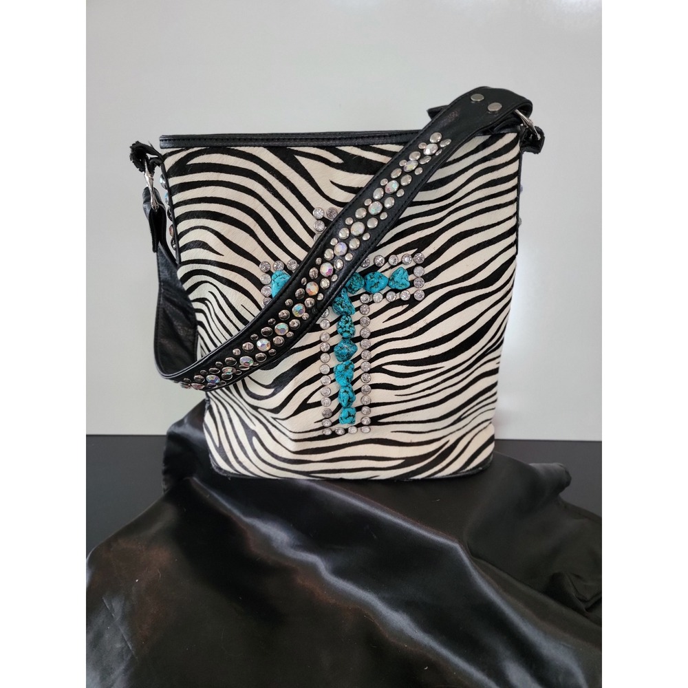 Mo Atlas Zebra Print Turquoise Cross Studded Western Shoulder Bag Black White